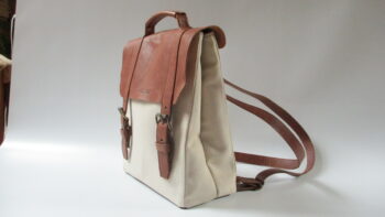sac à dos cuir marron et toile écru – Image 3