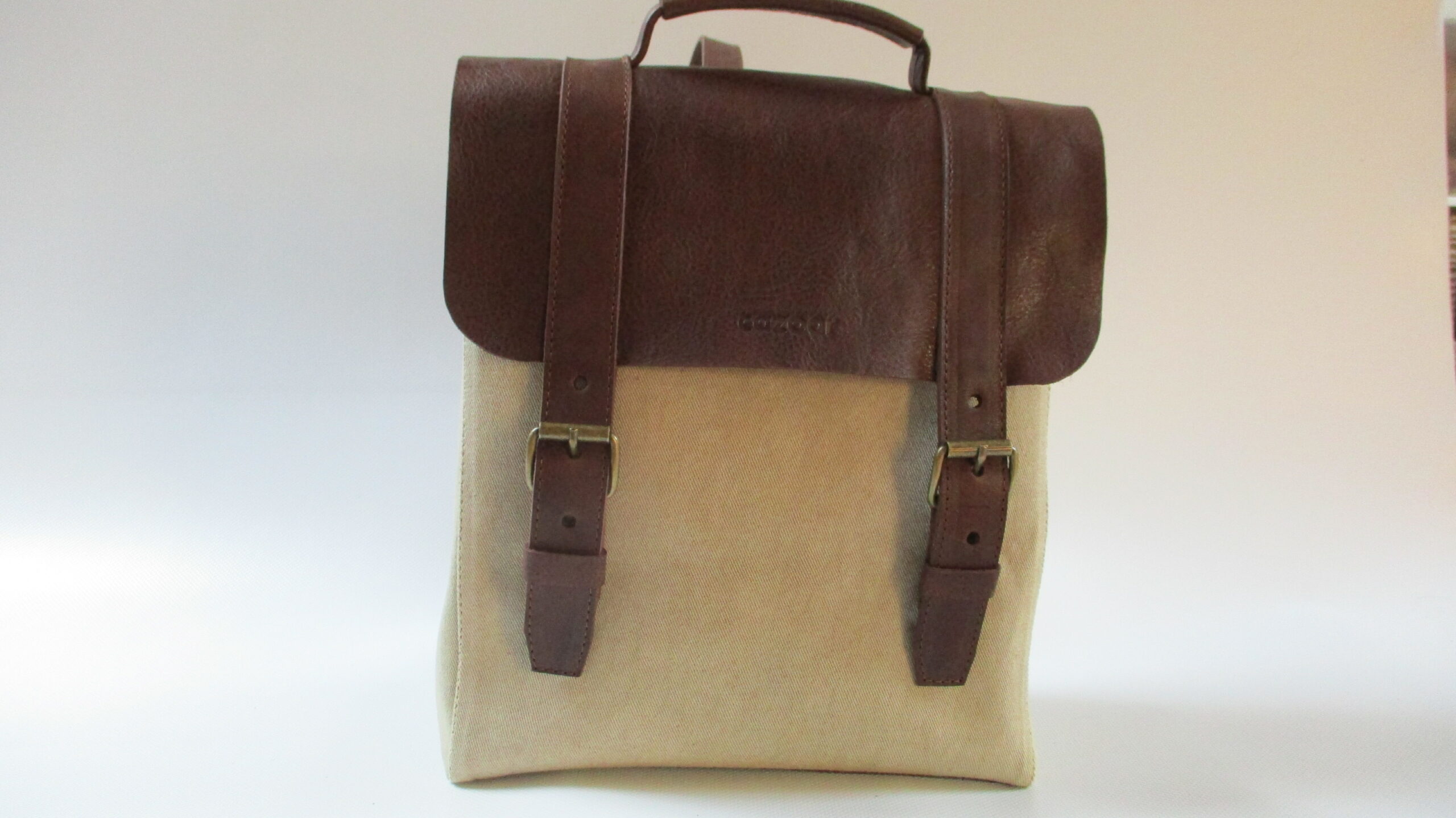 sac à dos cuir marron foncé et toile beige – Image 2