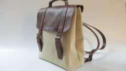 sac à dos cuir marron foncé et toile beige