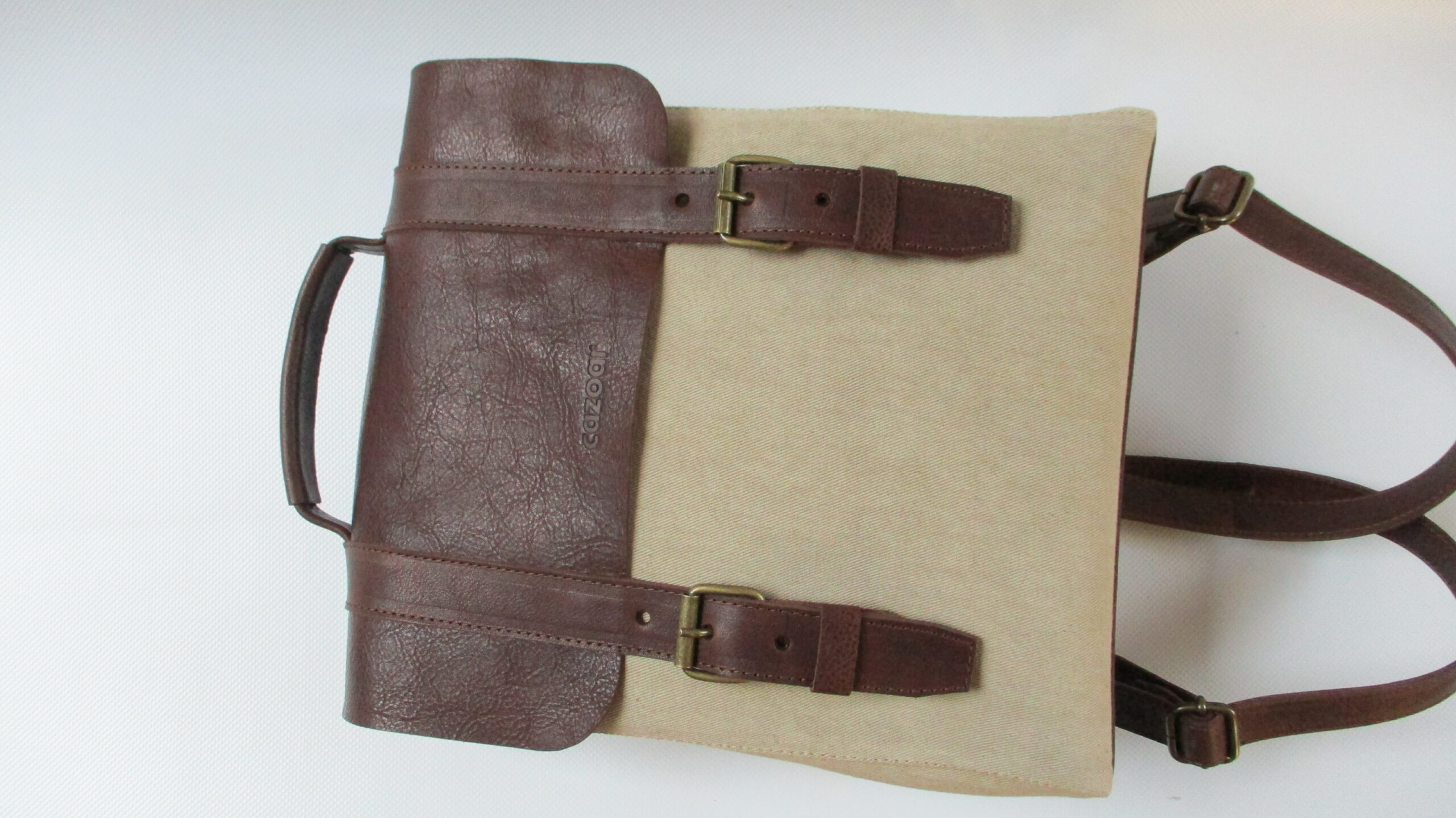 sac à dos cuir marron foncé et toile beige – Image 4