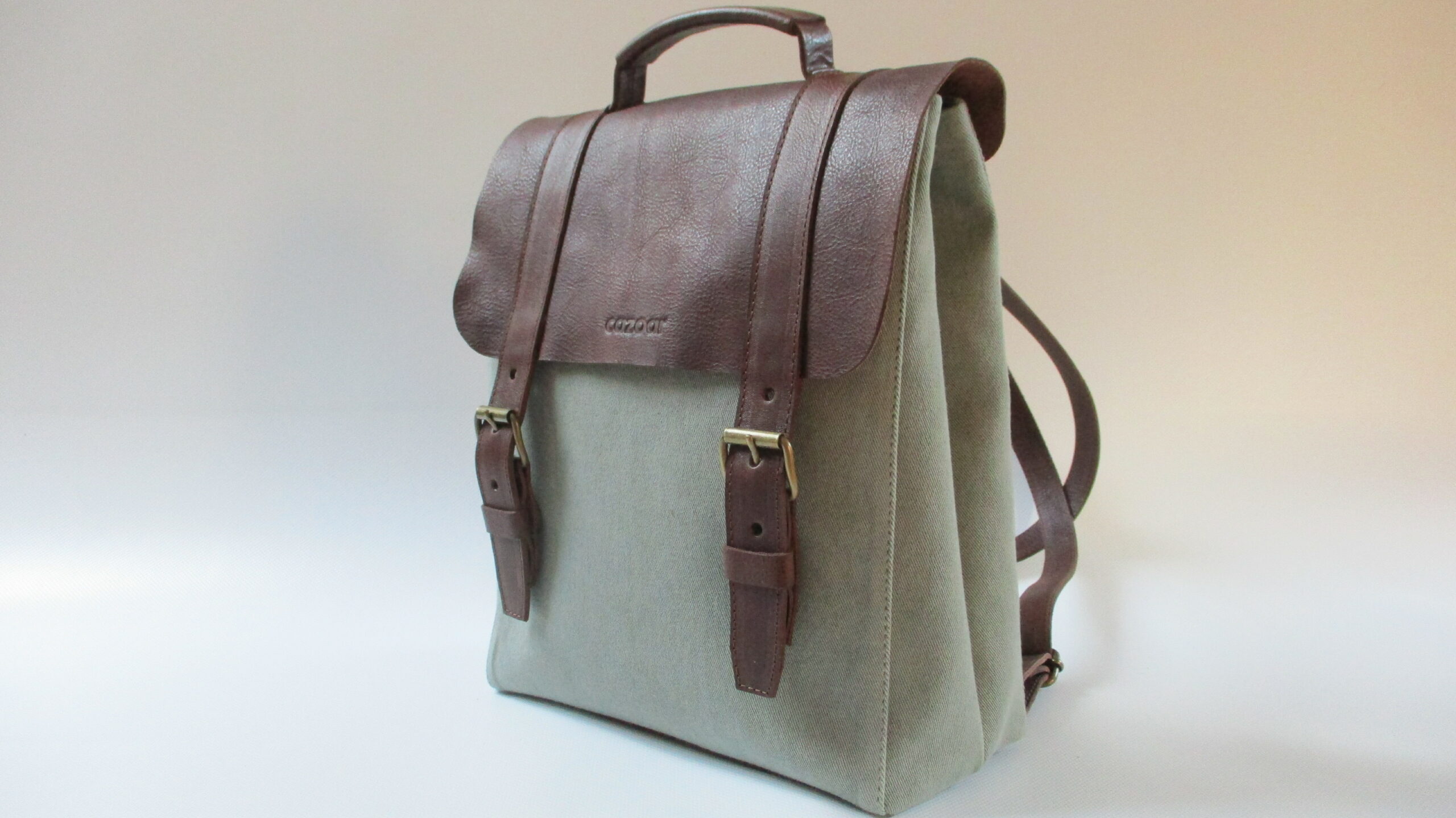 sac à dos cuir marron foncé et toile bleue – Image 2