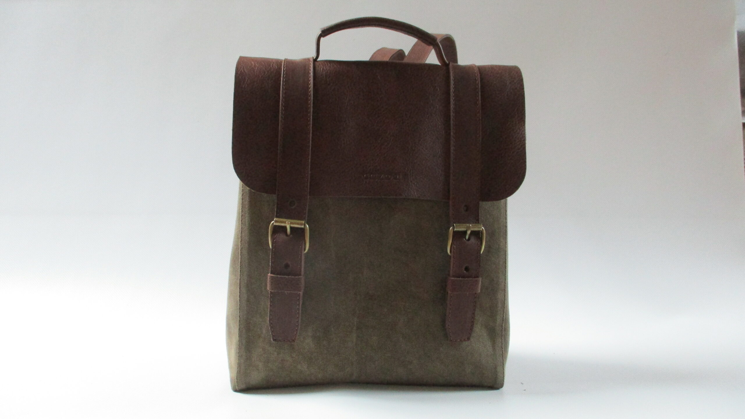 sac à dos cuir marron foncé et toile marron – Image 3