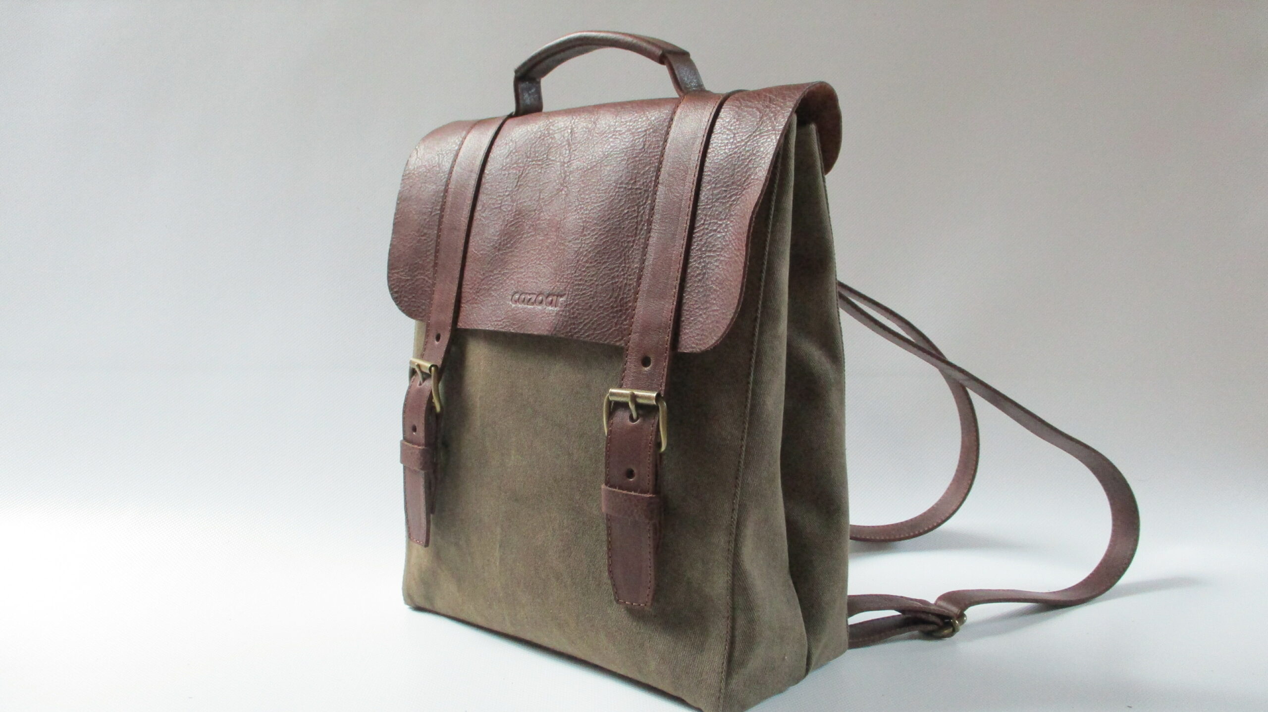 sac à dos cuir marron foncé et toile marron – Image 4