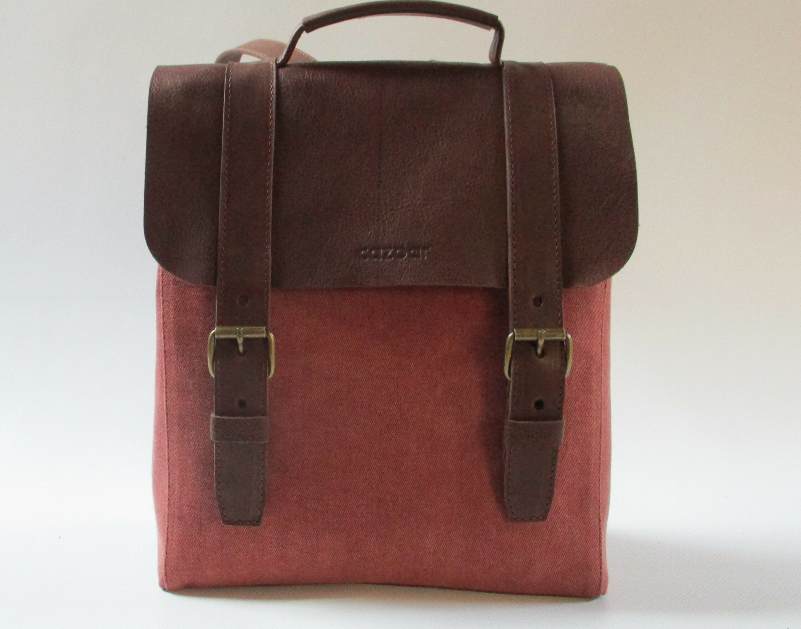 sac à dos cuir marron foncé et toile vieux rose – Image 3