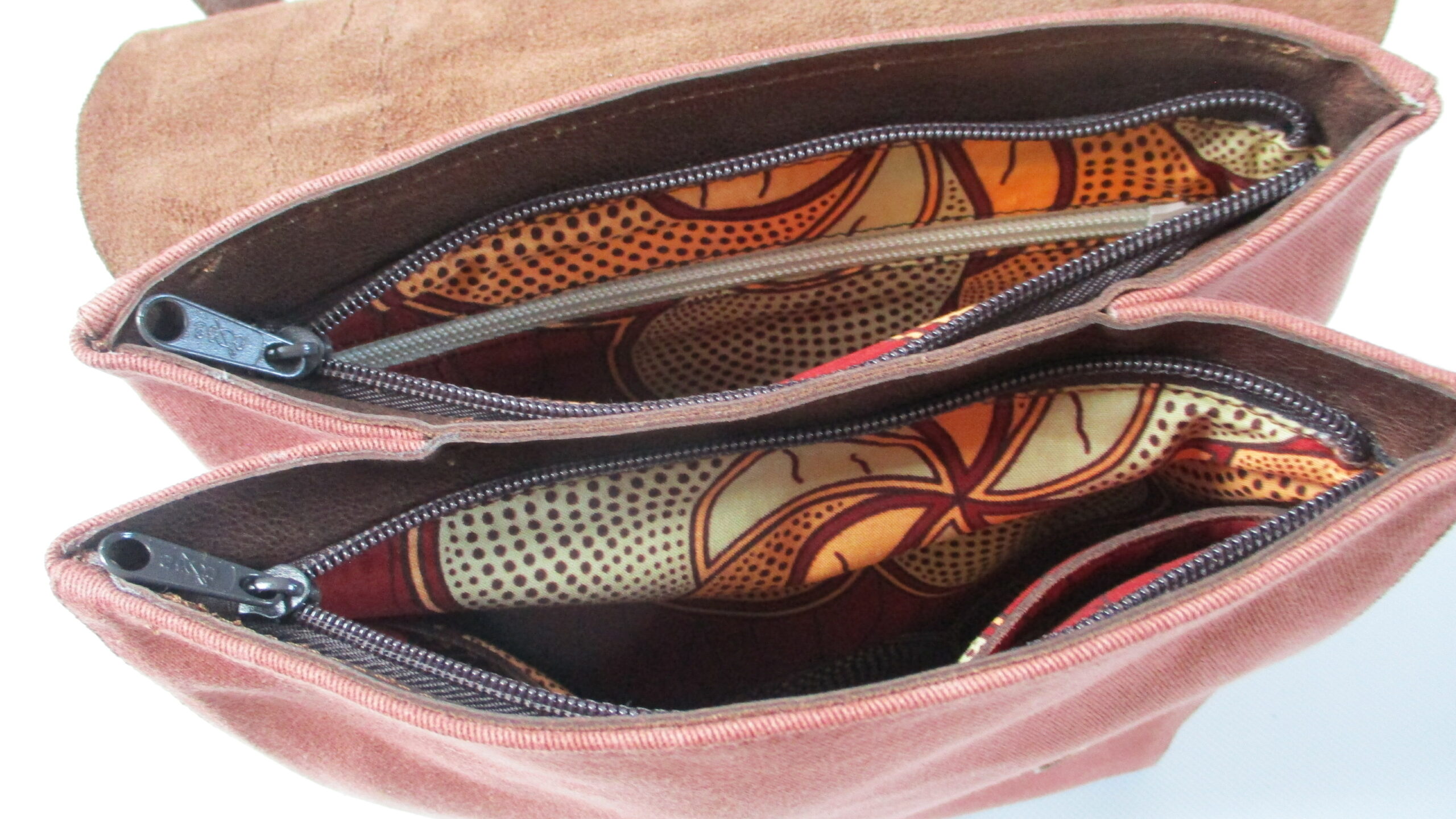 sac à dos cuir marron foncé et toile vieux rose – Image 4